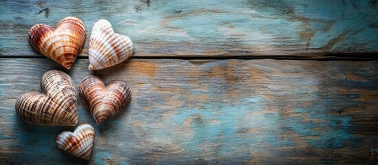 Poster - Heart shaped seashells displayed on weathered wooden surface creating a rustic, coastal decorative theme perfect for home and beach decor.