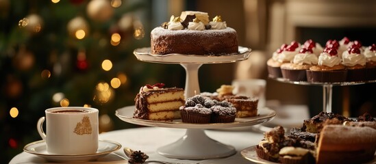 Poster - Festive hot chocolate and assorted Christmas cakes beautifully arranged on a table with a cozy holiday ambiance.