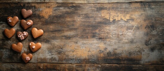 Poster - Heart shaped Valentine cookies arranged on rustic wooden table creating a warm and inviting atmosphere perfect for romantic celebrations