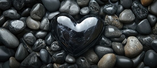 Aufkleber - Heart-shaped black stone surrounded by smooth pebbles creating a serene and calming composition for wellness and mindfulness themes.