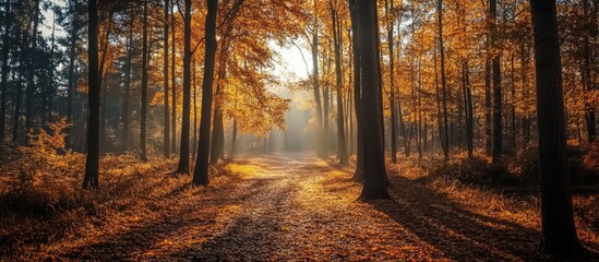Aufkleber - Autumn forest path illuminated by golden sunlight through trees showcasing vibrant fall foliage and peaceful atmosphere.