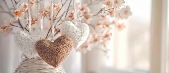 Aufkleber - Hearts in neutral tones hanging from a floral arrangement in a vase with a soft background creating a warm and romantic atmosphere