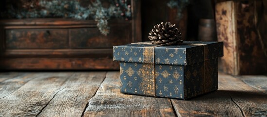 Aufkleber - Stylish gift box adorned with a pine cone on rustic wooden floor perfect for holiday season advertising and promotional materials