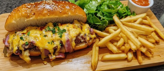 Poster - Homemade pork and ham cheese steak accompanied by crispy French fries and fresh salad on a wooden platter