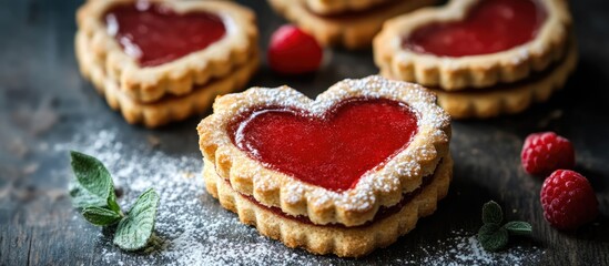 Poster - Heart shaped Linzer cookies with raspberry jam and powdered sugar on rustic wooden background, perfect for romantic occasions.
