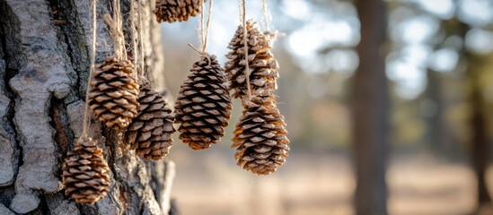 Fototapete - Handmade pine cone decorations crafted with natural materials hanging on a tree in a serene forest setting showcasing rustic charm