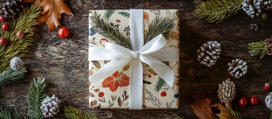 Handmade holiday gift box tied with white ribbon on rustic wooden background decorated with natural elements and copy space for text