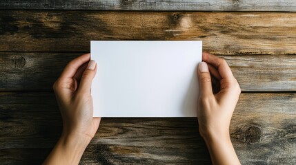 Poster - Hands holding a blank white paper against a rustic wooden background conveying the concept of absence or unavailability.