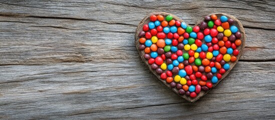 Aufkleber - Colorful candy heart on rustic wooden background ideal for Valentine's Day or sweet treats advertising