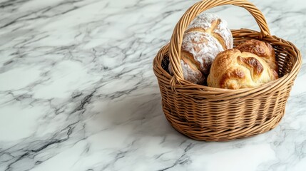 Aufkleber - Handmade wicker basket filled with freshly baked pastries on elegant light grey marble background
