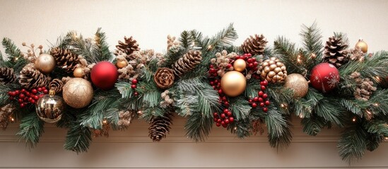 Aufkleber - Elegant holiday garland adorned with ornaments pinecones and berries perfect for Christmas and New Year home decoration.