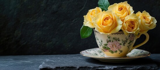 Aufkleber - Yellow roses elegantly arranged in a vintage china cup on a black slate background creating a charming and classic floral display