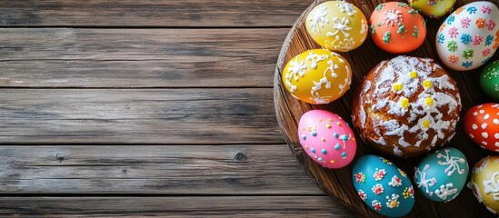 Poster - Easter celebration decorated eggs and traditional kulich bread on wooden surface with blank space for festive text or greetings
