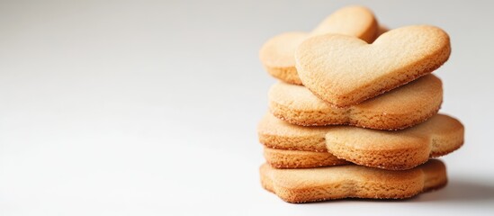 Poster - Heart shaped cookies stacked on white background with copyspace for romantic themes or celebrations in a close-up macro view.