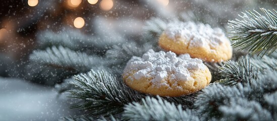 Poster - Homemade cookies dusted with icing sugar resting on snowy fir branches during winter creating a cozy festive still life scene