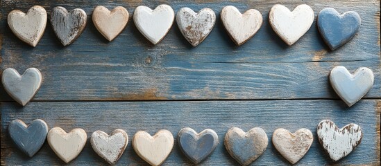 Aufkleber - Hearts arranged in decorative frame on rustic wooden background creating a charming and romantic atmosphere for various designs