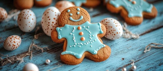 Poster - Gingerbread cookie with blue icing and decorative eggs on rustic blue wooden table for festive Easter celebration theme