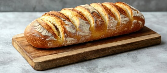 Poster - Sliced homemade challah bread on wooden board with light grey stone backdrop showcasing bakery craftsmanship and delicious texture