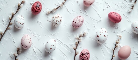 Poster - Easter holiday backdrop with pink and white quail eggs and catkins on textured white surface viewed from above for festive decor and celebration