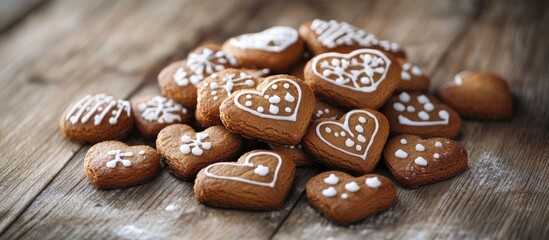 Poster - Heart shaped gingerbread biscuits arranged on rustic wooden surface decorated with icing and sugar for festive occasions or holiday baking.