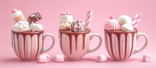 Poster - Delightful hot chocolates topped with festive decorations and marshmallows on a pink background showcasing a cozy treat concept