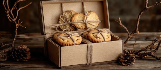 Aufkleber - Gift box with homemade cookies for Secret Santa during holidays rustic wooden backdrop with tree branches and pinecones festive atmosphere