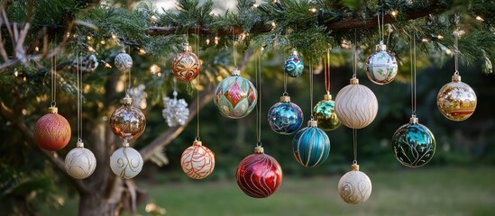 Poster - Colorful Christmas ornaments and decorations beautifully arranged on a festive tree branch with soft lighting and natural greenery background.