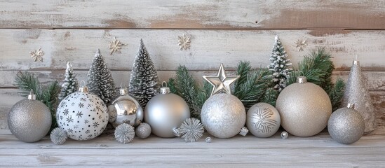 Poster - Festive New Year and Christmas Decorations with Silver Ornaments and Pine Trees on a Rustic Wooden Background
