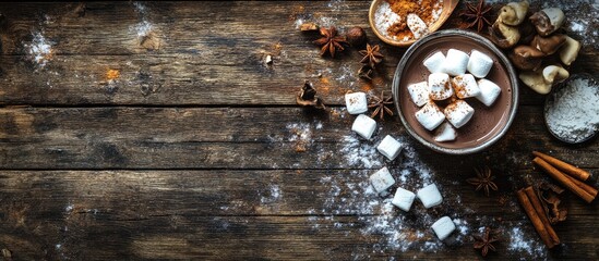 Poster - Cozy hot chocolate with marshmallows and spices on a rustic wooden table, perfect for winter warmth and festive gatherings.