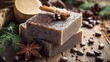 © CryptoCanvas - Handcrafted coffee bean soap adorned with spices on rustic wooden surface for natural skincare and wellness themes
