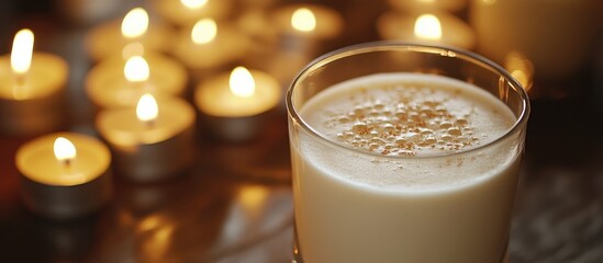 Poster - Creamy eggnog drink in a glass surrounded by flickering candles for a cozy festive atmosphere