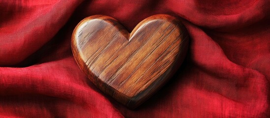 Aufkleber - Wooden heart sculpture resting on rich red fabric creating a warm romantic atmosphere. Ideal for love and relationship themed projects.