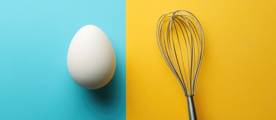 Aufkleber - Easter decoration scene featuring a white egg beside a whisk on a vibrant blue and yellow backdrop for colorful holiday inspiration