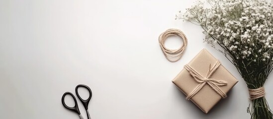 Poster - Gift box with jute rope scissors and fresh flowers on white background creating an elegant arrangement for special occasions top view