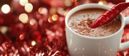Poster - Spicy hot chocolate with chili pepper and cinnamon on a festive tinsel background close up for winter warmth and holiday indulgence