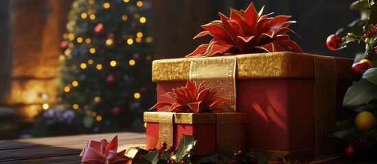 Poster - Festive Christmas presents decorated with poinsettias under a beautifully lit holiday tree creating a warm seasonal atmosphere