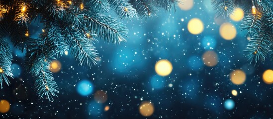 Poster - Festive bokeh background with blurred blue and golden lights and pine branches creating a magical holiday atmosphere