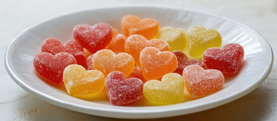 Poster - Colorful heart-shaped gummy candies arranged on a white plate, perfect for celebrations and expressing love or affection.
