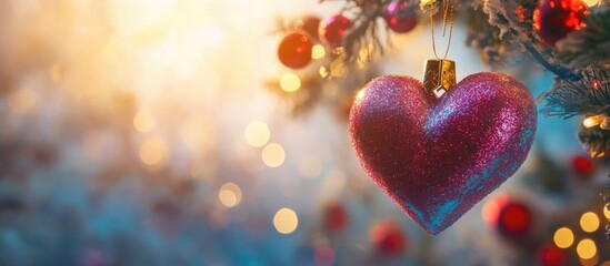 Poster - Vintage Christmas heart decoration with glowing backdrop and holiday lights creating a festive atmosphere and warm holiday spirit