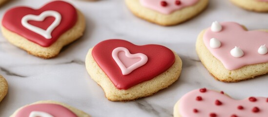 Poster - Heart-shaped homemade sugar cookies decorated with red pink and white icing designs on a marble surface for Valentine's Day treats.