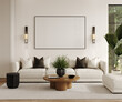 © Мар'яна Борщун - Mockup of a living room interior in a European style with a large white sofa, an armchair, coffee tables, green plants, a sconce and a large picture in a black frame. High-quality 3D visualization