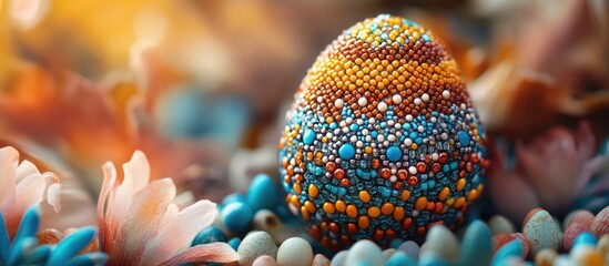 Aufkleber - Colorful Easter egg made of beads surrounded by decorative flowers creating a vibrant festive atmosphere for spring celebrations
