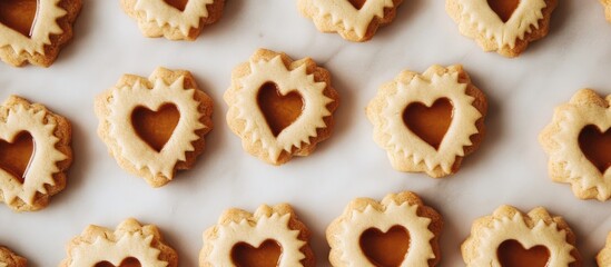 Aufkleber - Heart Shaped Linzer Cookies with Jam Filling on Marble Surface for Holiday Treats