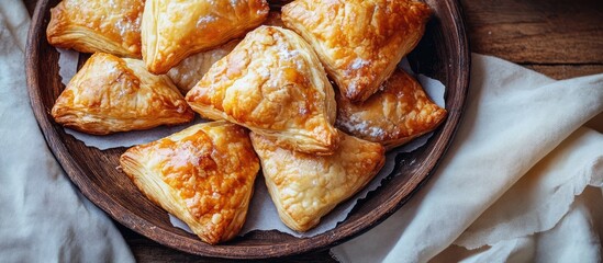 Poster - delicious homemade pastry triangles arranged on a rustic wooden platter with a soft cloth background