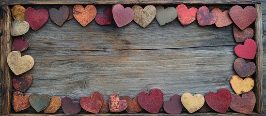 Aufkleber - Colorful wooden hearts arranged in a decorative frame on a rustic wooden surface for a heartfelt theme or romantic design.