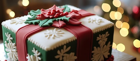 Poster - Festively Decorated Holiday Gift Cake with Red and Green Fondant Featuring Holly and Snowflake Design for Seasonal Celebrations