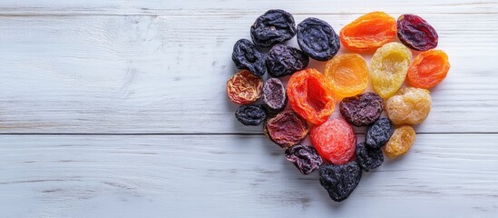 Aufkleber - Heart-shaped arrangement of colorful dried fruits on a white wooden surface creating an attractive decorative display from a bird's eye view.