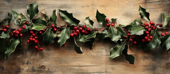 Poster - Holly berries and leaves on rustic wooden surface creating a festive vintage atmosphere for holiday decorations and seasonal themes