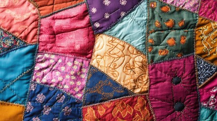 Aufkleber - Colorful Handmade Patchwork Quilt Background Featuring Rustic Folk Patterns in Retro Style Textile Art and Craftsmanship