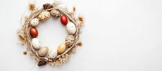 Aufkleber - Easter wreath flat lay with birch branches quail feathers and decorated eggs on a white background for greeting card design.